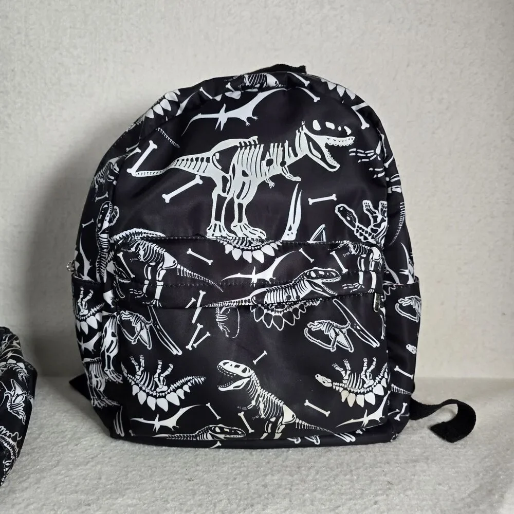 Black Backpack White T-Rex Dinosaur Skeleton Pattern And Matching Lunchbox